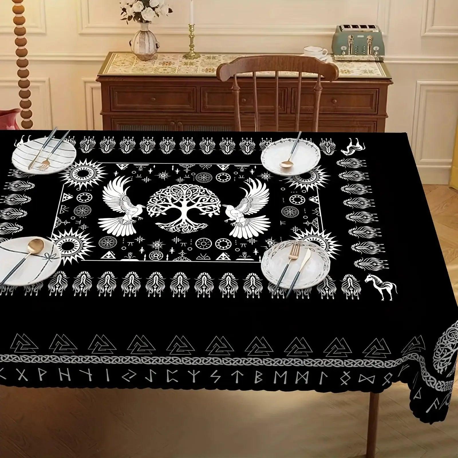 Viking Celtic Symbol Raven and Tree of Life Tablecloth Norse Pagan Mythology Table Cloths-MoonChildWorld
