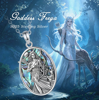Norse goddess pendant shown flat to reveal its relief detail