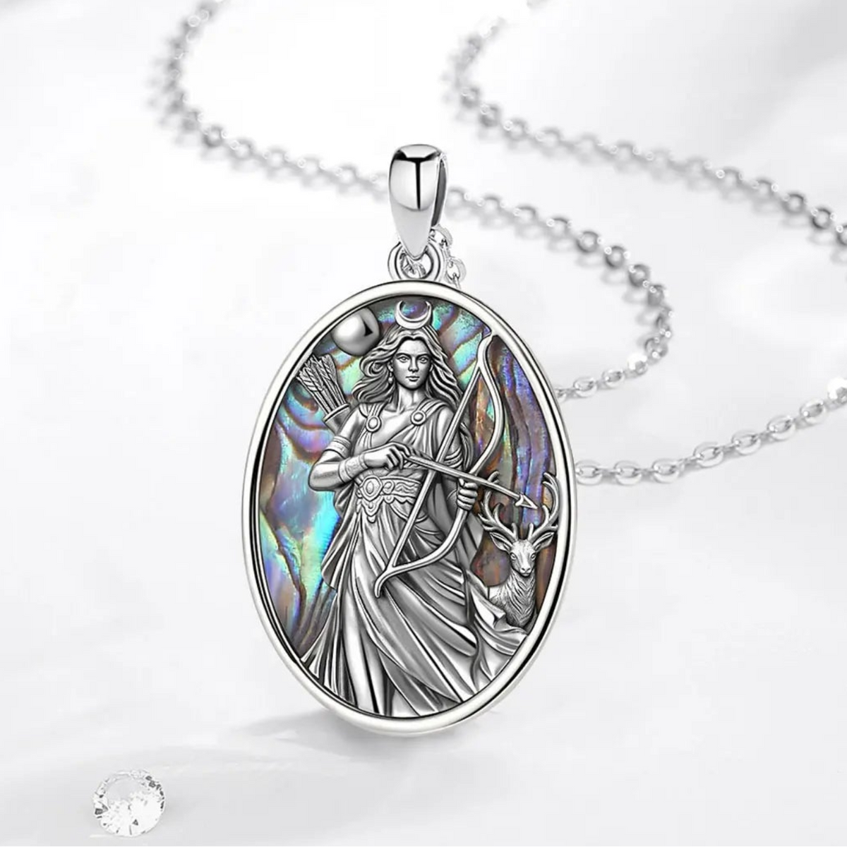 Close-up of the abalone shell backing on the Freya pendant