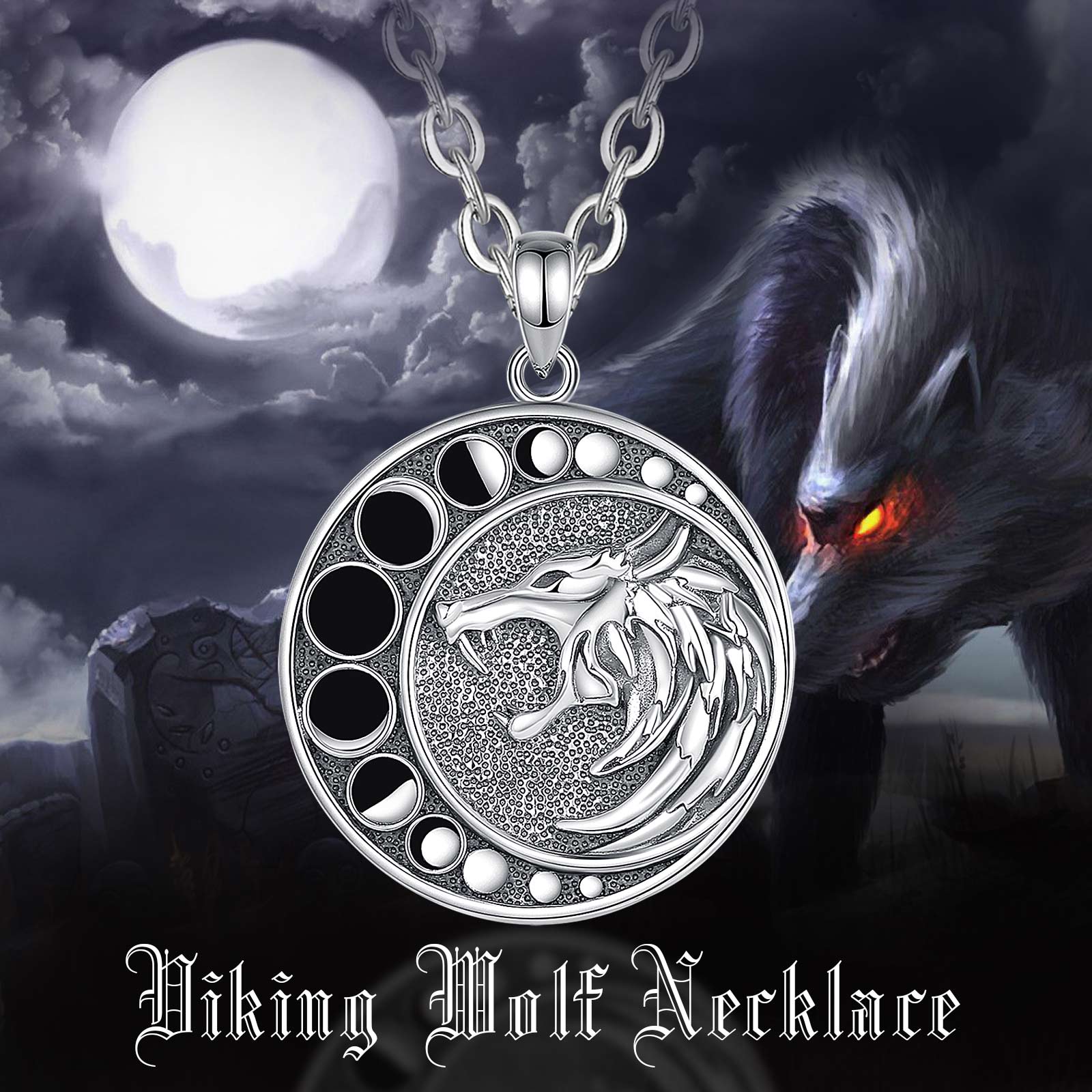 Viking Moon Wolf Necklace Moon Phase Witchy Jewelry-MoonChildWorld