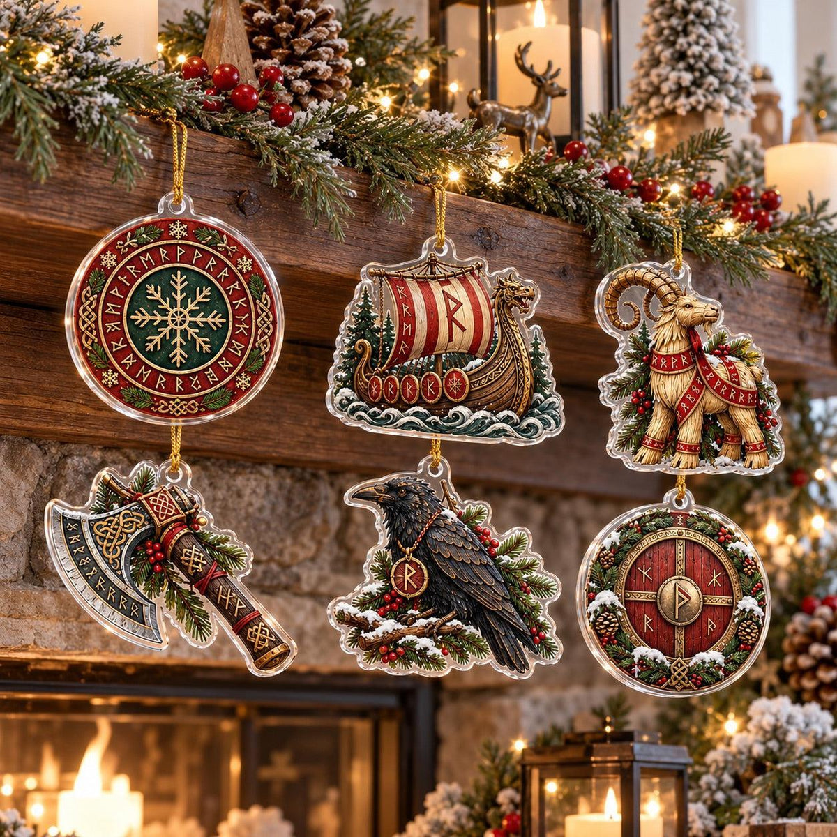 Viking Rune Jul Norse Acrylic Ornament Set – Pagan Yule Christmas Decor – set of 6, another view
