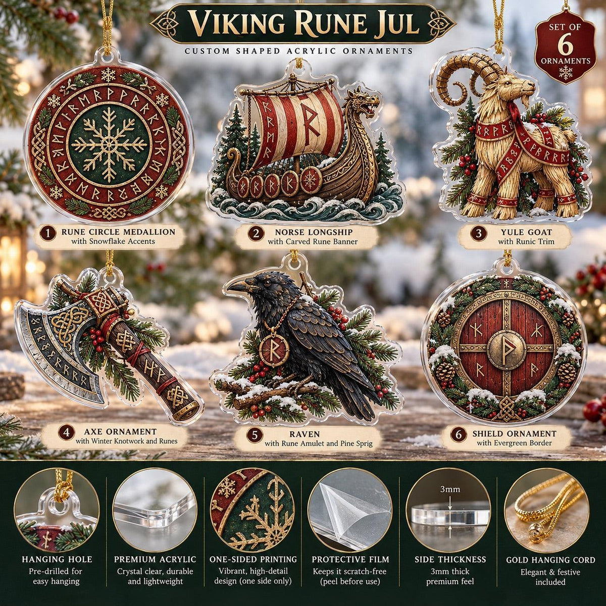 Viking Rune Jul Norse Acrylic Ornament Set – Pagan Yule Christmas Decor – ornament size and details