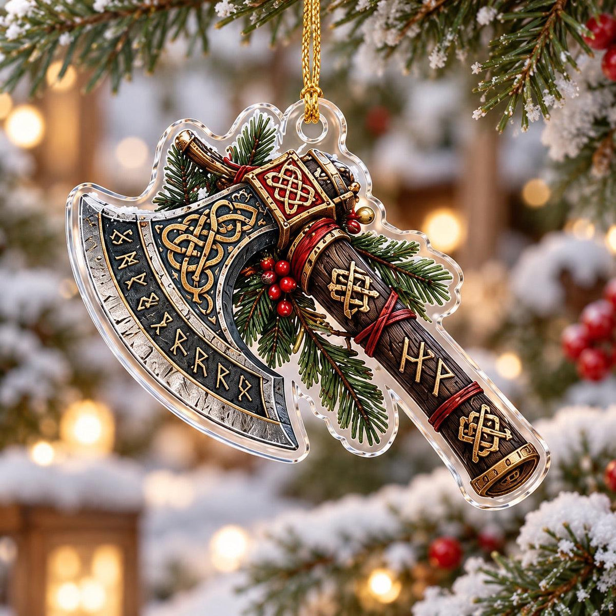 Viking Rune Jul Norse Acrylic Ornament Set – Pagan Yule Christmas Decor – Rune Battle Axe ornament