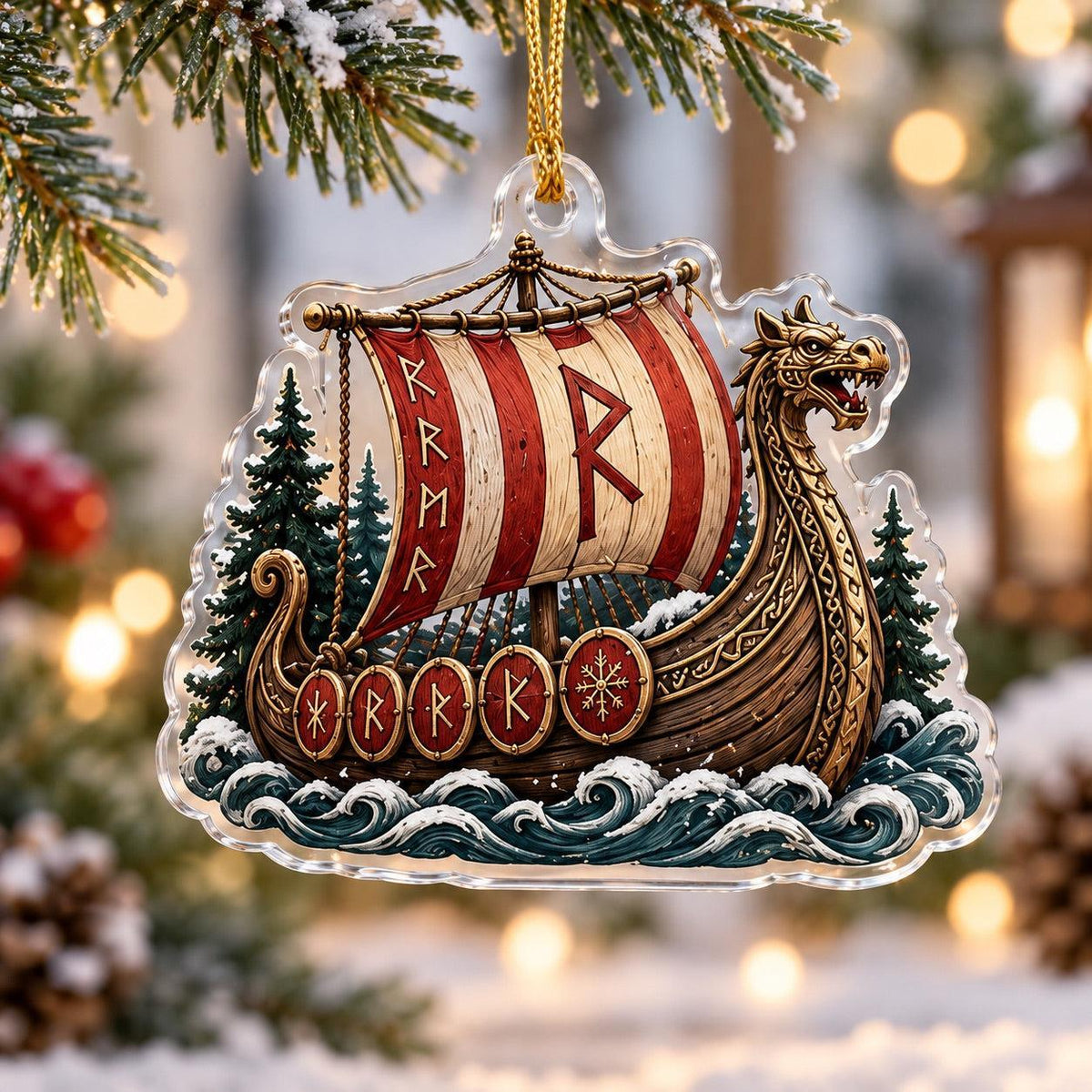 Viking Rune Jul Norse Acrylic Ornament Set – Pagan Yule Christmas Decor – Norse Longship ornament