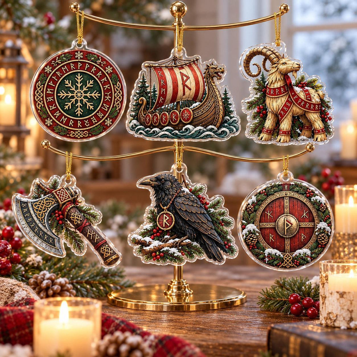 Viking Rune Jul Norse Acrylic Ornament Set – Pagan Yule Christmas Decor – set of 6, another view