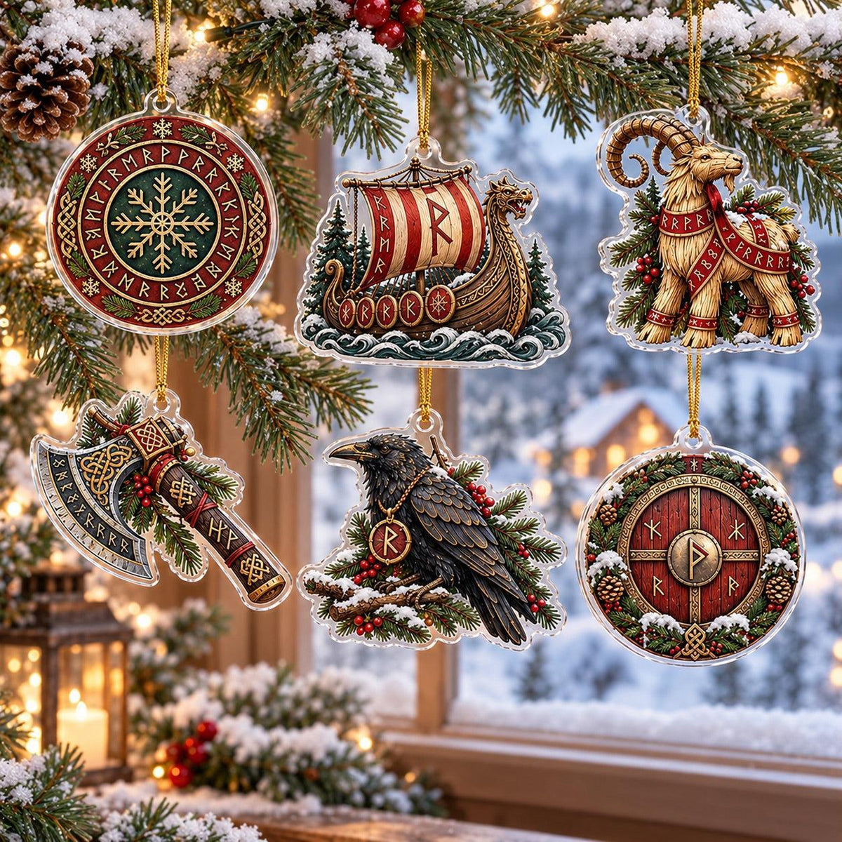 Viking Rune Jul Norse Acrylic Ornament Set – Pagan Yule Christmas Decor – set of 6 acrylic ornaments