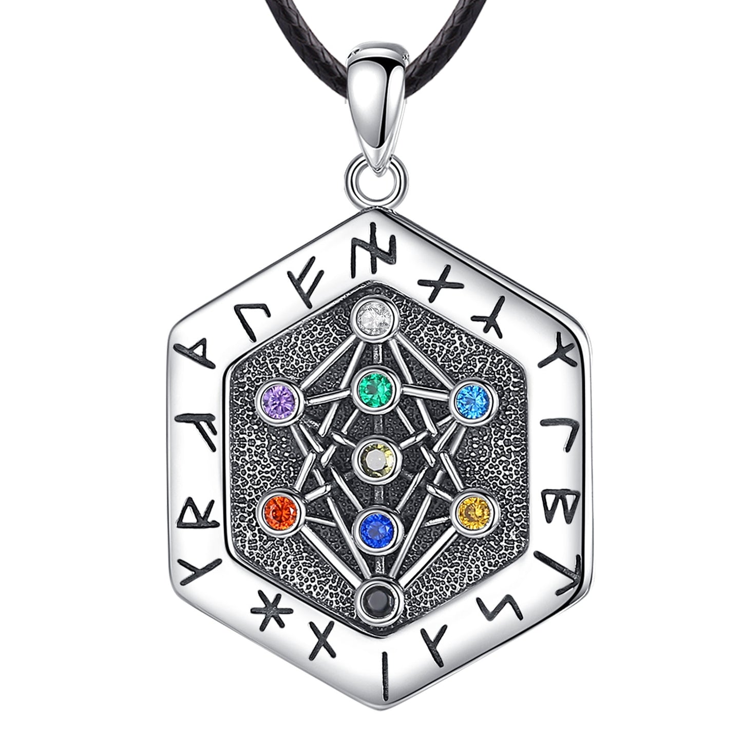 Sterling silver Viking Runes Yggdrasil Tree of Life amulet pendant with colorful gemstones on a black cord.