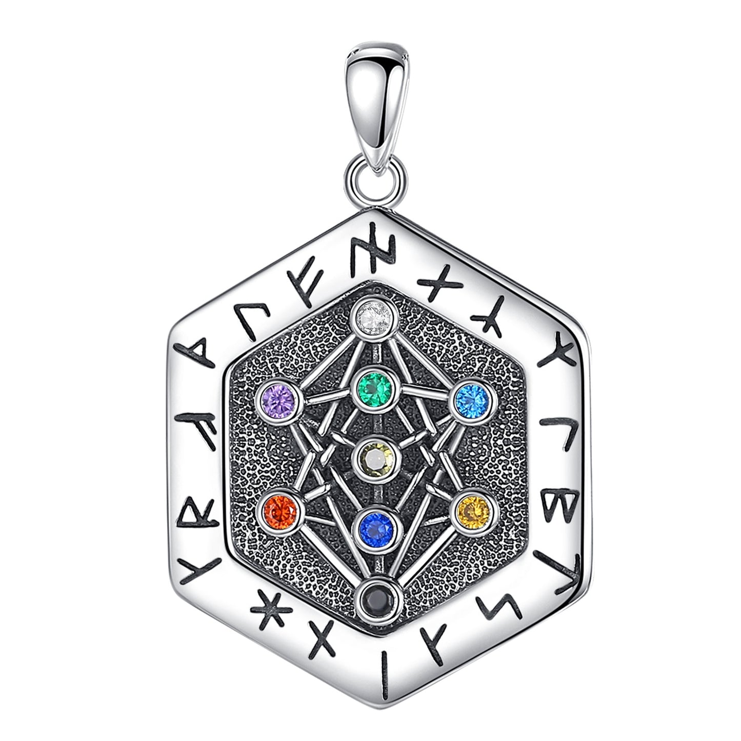 Sterling silver Viking Runes Yggdrasil Tree of Life amulet pendant with colorful gemstones.