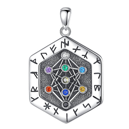 Sterling silver Viking Runes Yggdrasil Tree of Life amulet pendant with colorful gemstones.