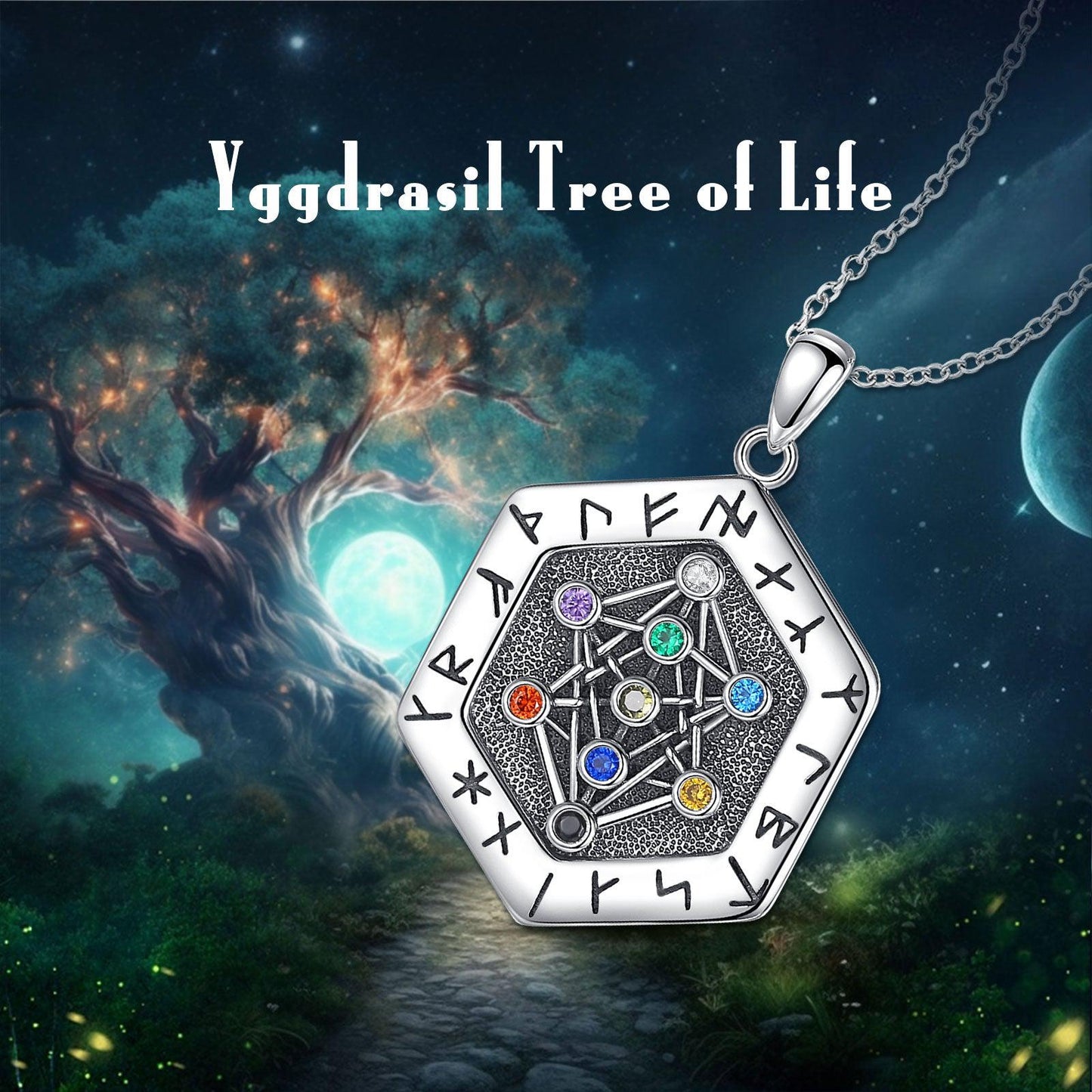 Sterling silver Yggdrasil Tree of Life amulet pendant with colorful gems and Viking runes, on a silver chain.
