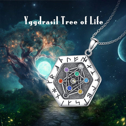 Sterling silver Yggdrasil Tree of Life amulet pendant with colorful gems and Viking runes, on a silver chain.
