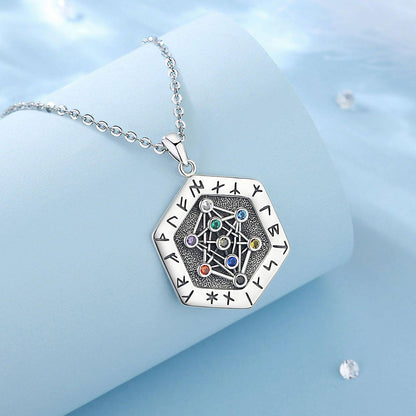 Sterling silver Viking Runes Yggdrasil Tree of Life amulet pendant with colorful gems on an 18/20 inch chain.