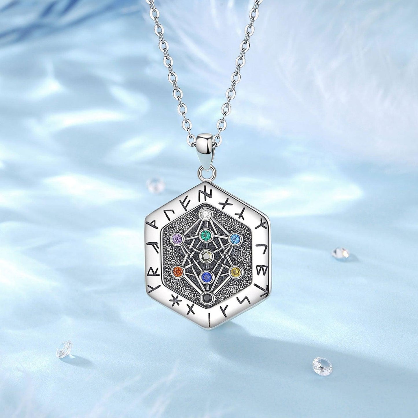 Sterling silver Viking Runes Yggdrasil Tree of Life amulet pendant with colorful gems on an 18/20 inch chain.