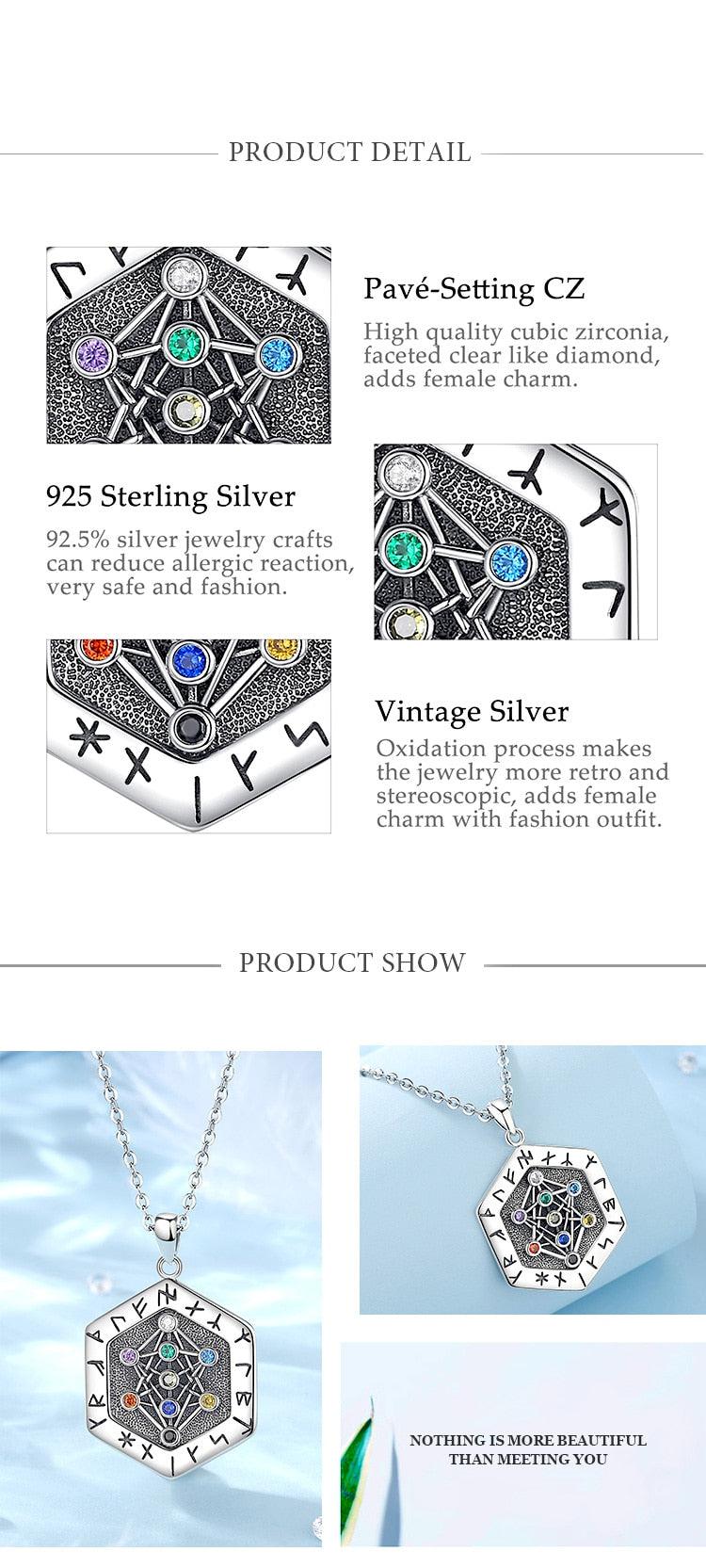 Sterling silver Viking Runes Yggdrasil Tree of Life amulet pendant with colorful Pavé-Setting CZ.