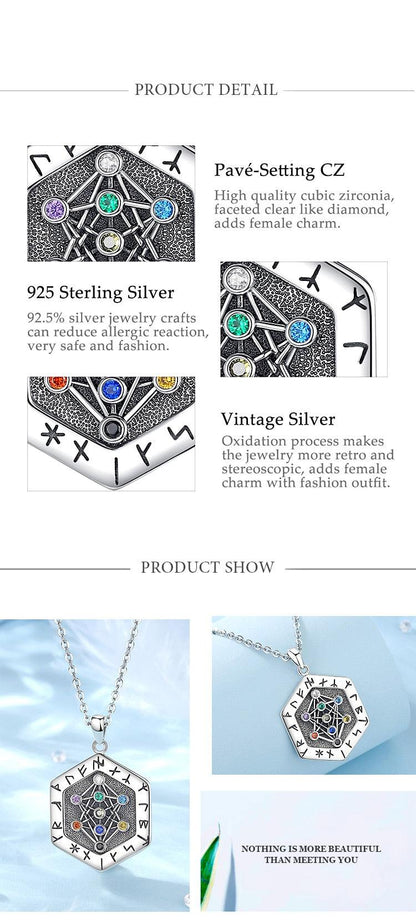 Sterling silver Viking Runes Yggdrasil Tree of Life amulet pendant with colorful Pavé-Setting CZ.