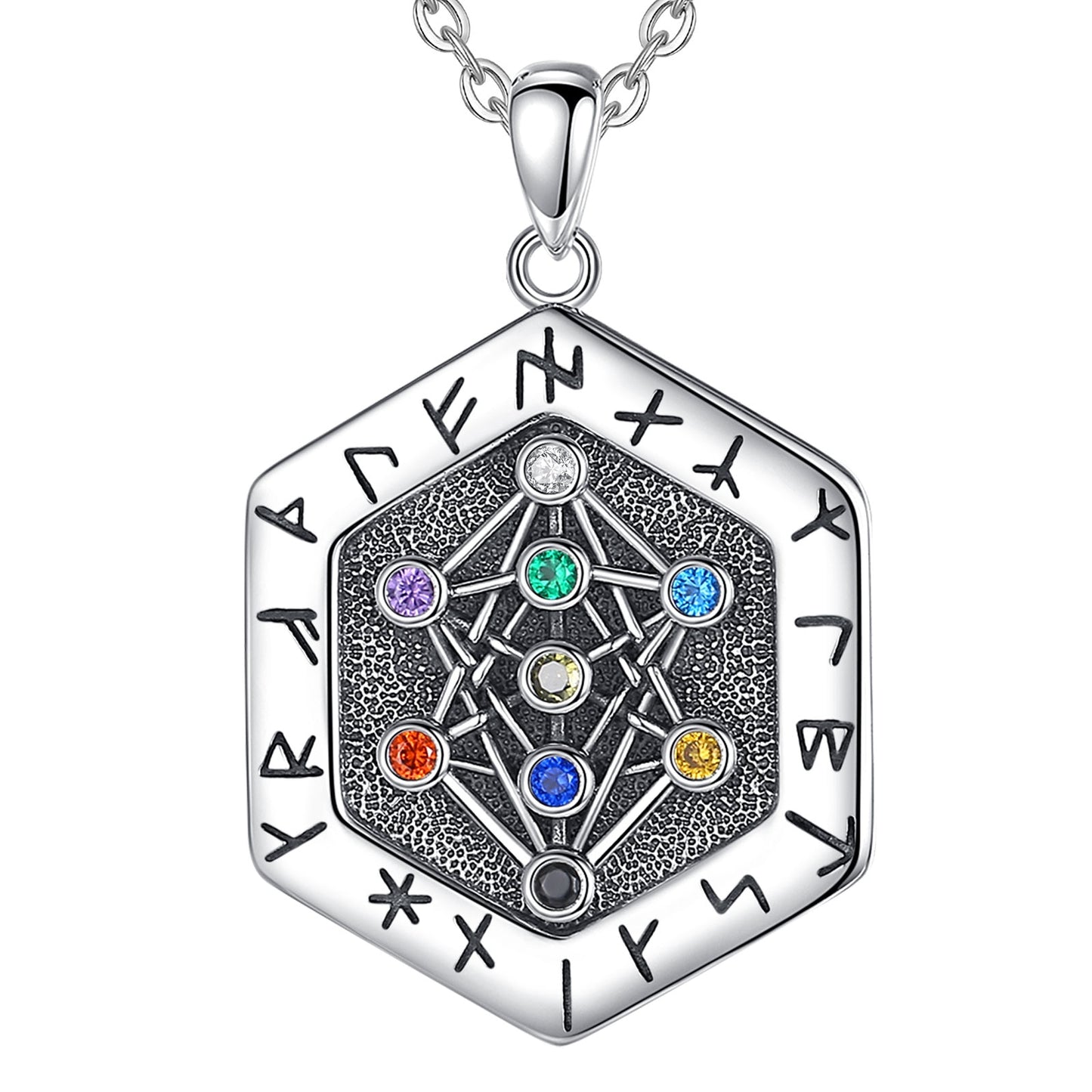 Sterling silver Viking Runes Yggdrasil Tree of Life amulet pendant with colorful gemstones on an 18/20 inch chain.