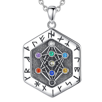 Sterling silver Viking Runes Yggdrasil Tree of Life amulet pendant with colorful gemstones on an 18/20 inch chain.