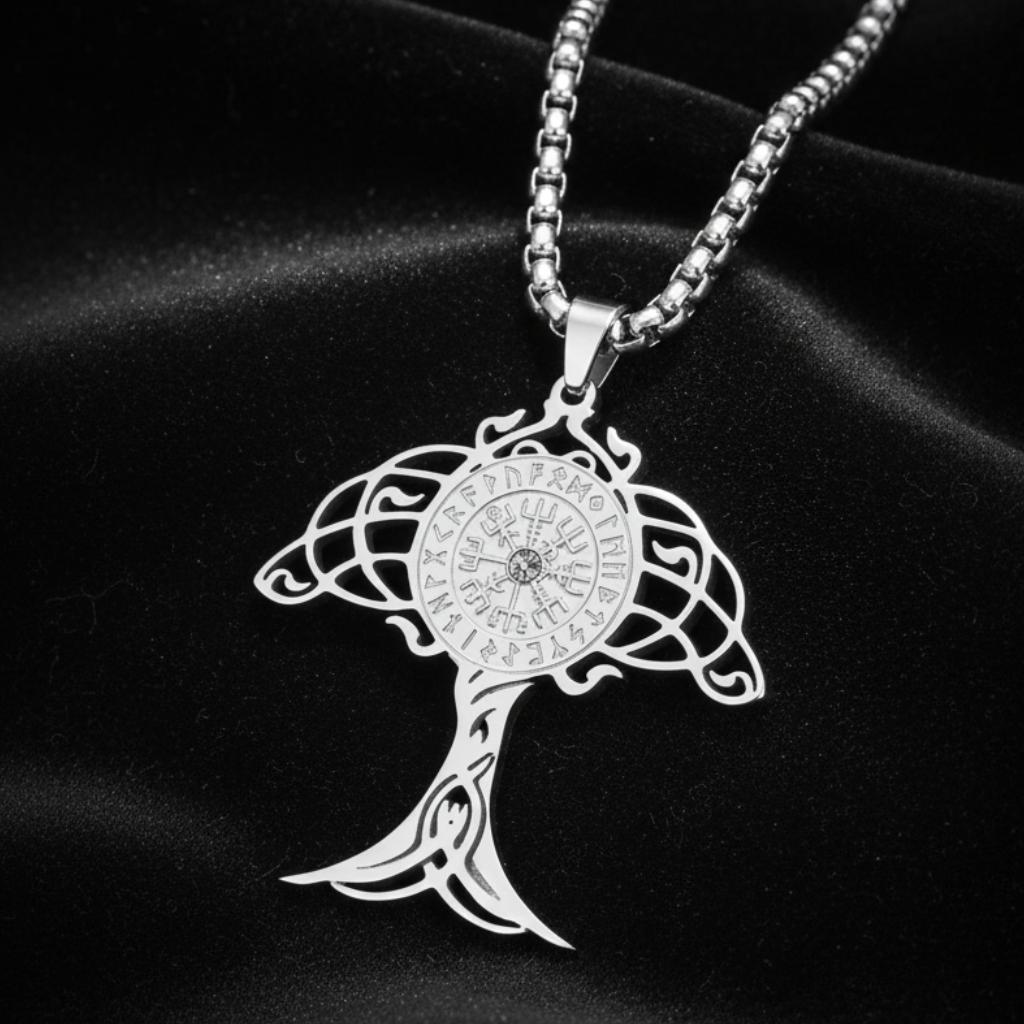 Silver Yggdrasil Tree of Life pendant – Vegvisir rune compass necklace on black satin fabric