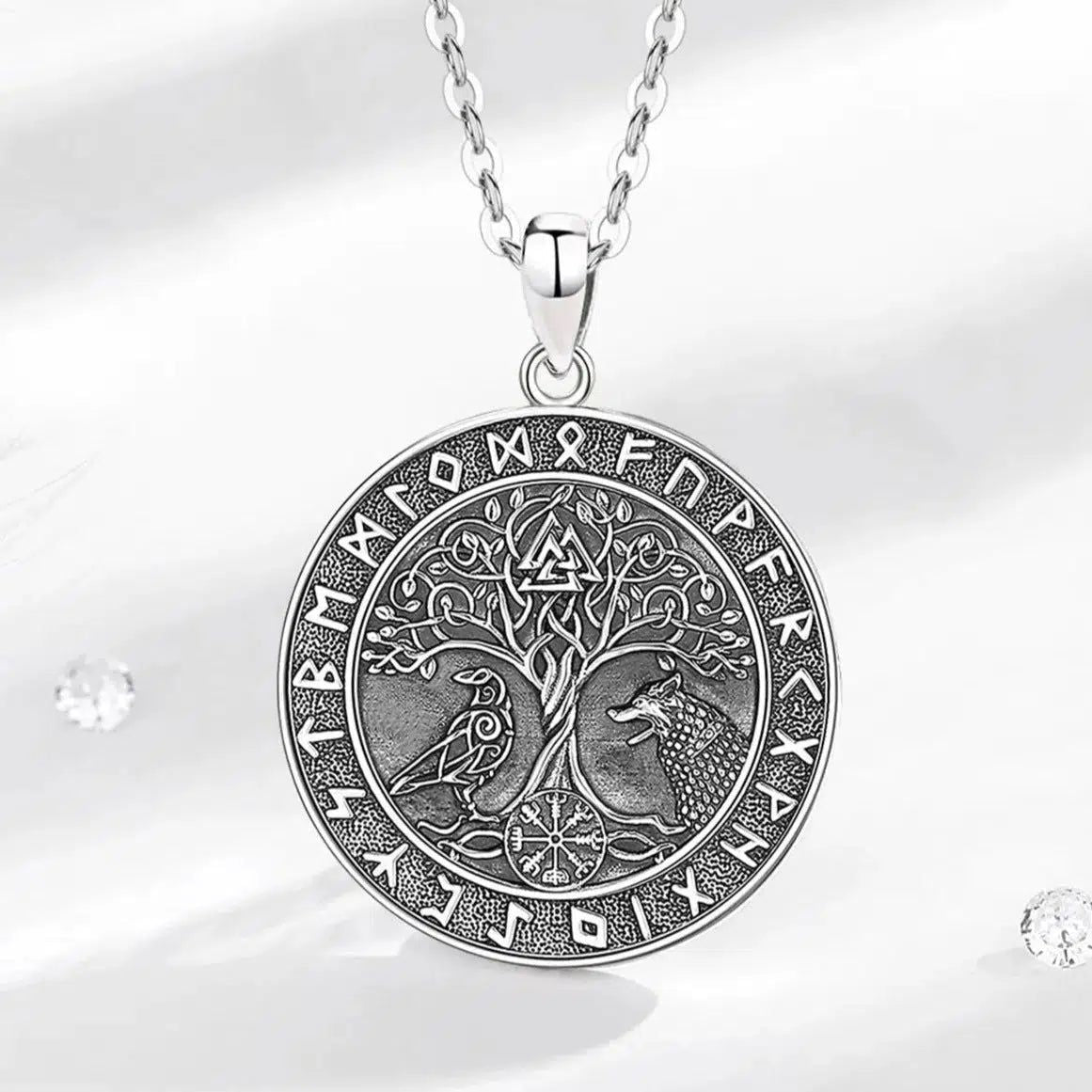 Viking Wolf Crow Necklace Compass Tree of Life Runes Pagan Jewelry-MoonChildWorld