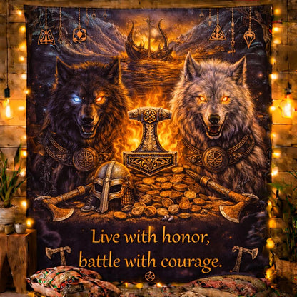 Dark Viking tapestry with two fierce wolves, Thor's hammer, axes, helmet, and a ship.