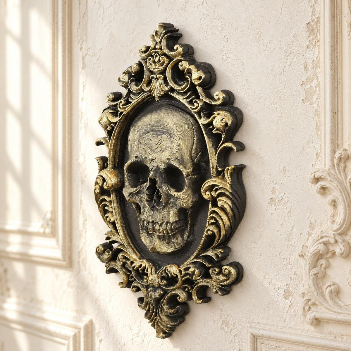 Vintage Baroque Skull Relief Wall Plaque Gothic Wall Art — original view 2 in a bright gothic vintage setting