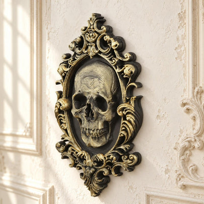 Vintage Baroque Skull Relief Wall Plaque Gothic Wall Art — original view 2 in a bright gothic vintage setting