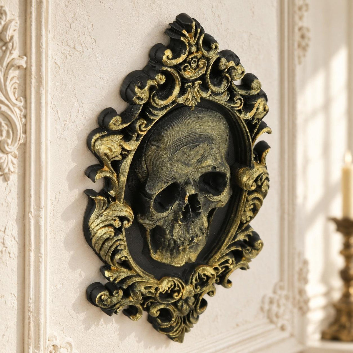 Vintage Baroque Skull Relief Wall Plaque Gothic Wall Art — original view 3 in a bright gothic vintage setting