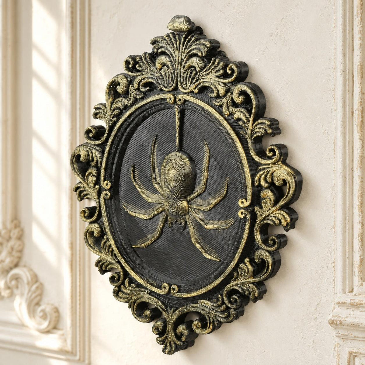 Vintage Baroque Spider Relief Wall Plaque for Halloween — view 2 showing carved details in a bright gothic vintage setting