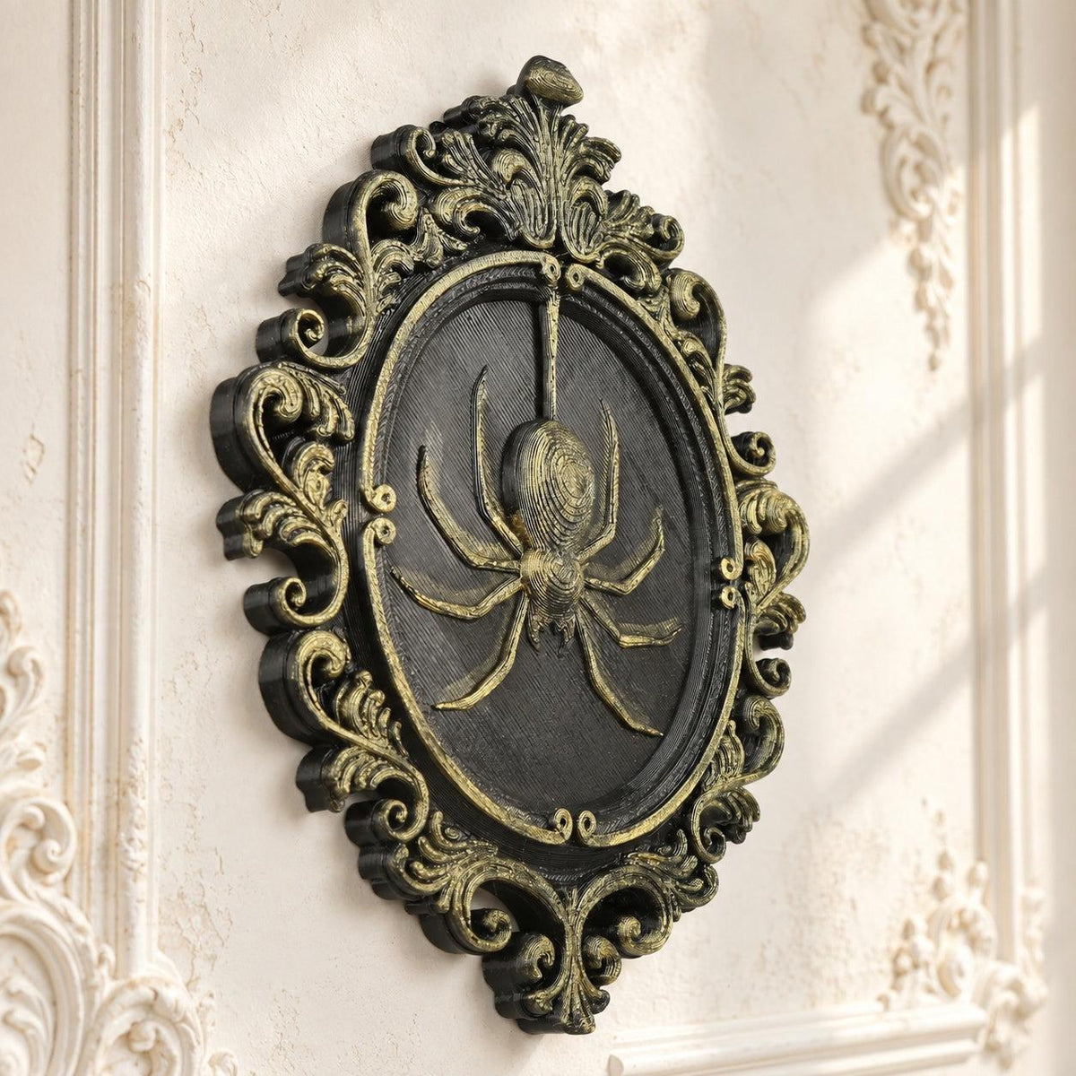 Vintage Baroque Spider Relief Wall Plaque for Halloween — view 1 showing carved details in a bright gothic vintage setting