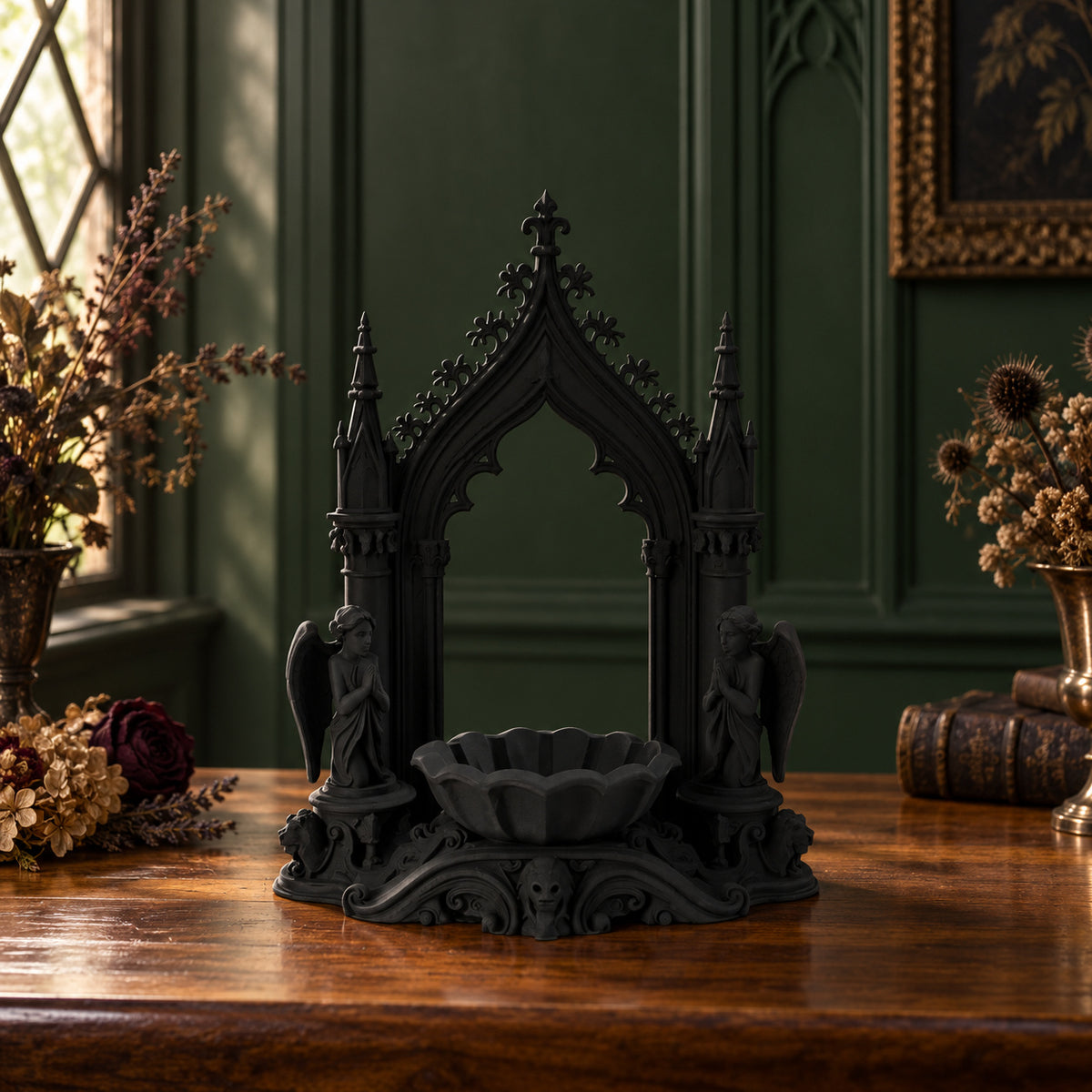 Vintage Baroque Stag Head Pillar Candle Holder, black carved candle holder on a walnut altar in a gothic room, view 4