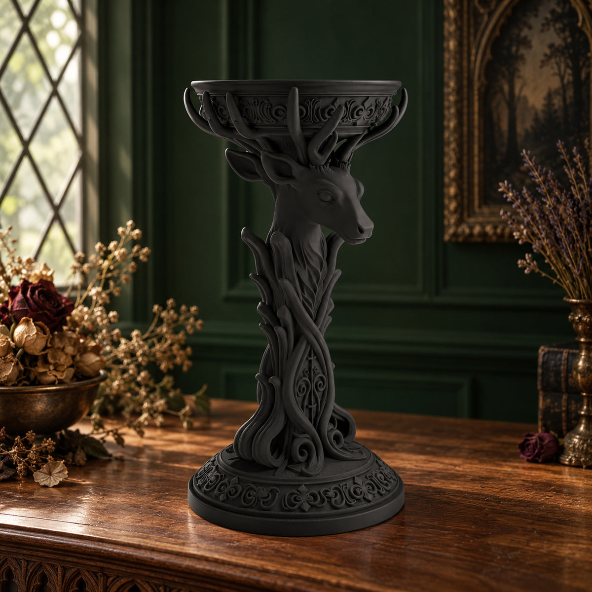 Vintage Baroque Stag Head Pillar Candle Holder, black carved candle holder on a walnut altar in a gothic room, view 5