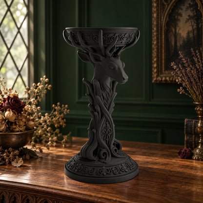 Vintage Baroque Stag Head Pillar Candle Holder, black carved candle holder on a walnut altar in a gothic room, view 5