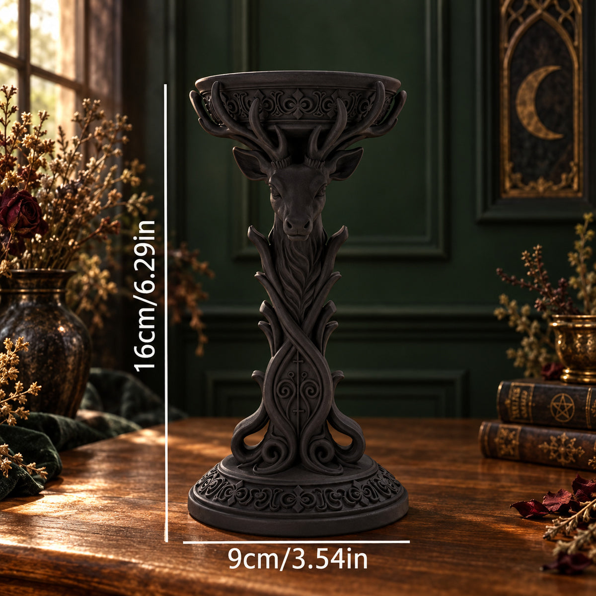 Vintage Baroque Stag Head Pillar Candle Holder, black carved candle holder on a walnut altar in a gothic room, view 6