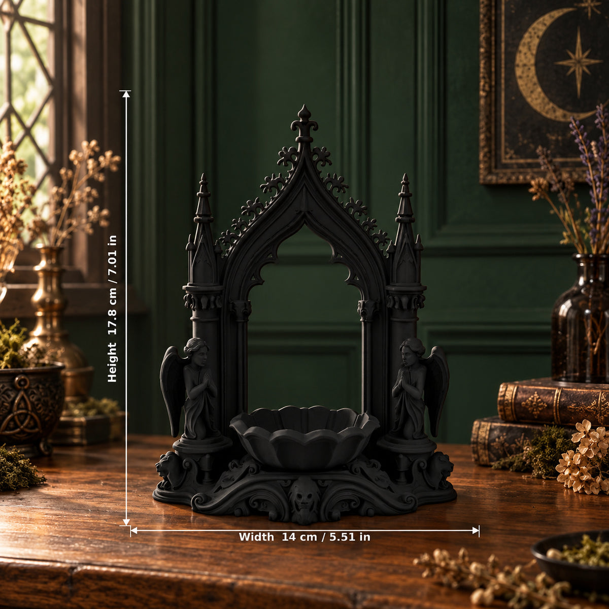 Vintage Baroque Stag Head Pillar Candle Holder, black carved candle holder on a walnut altar in a gothic room, view 7
