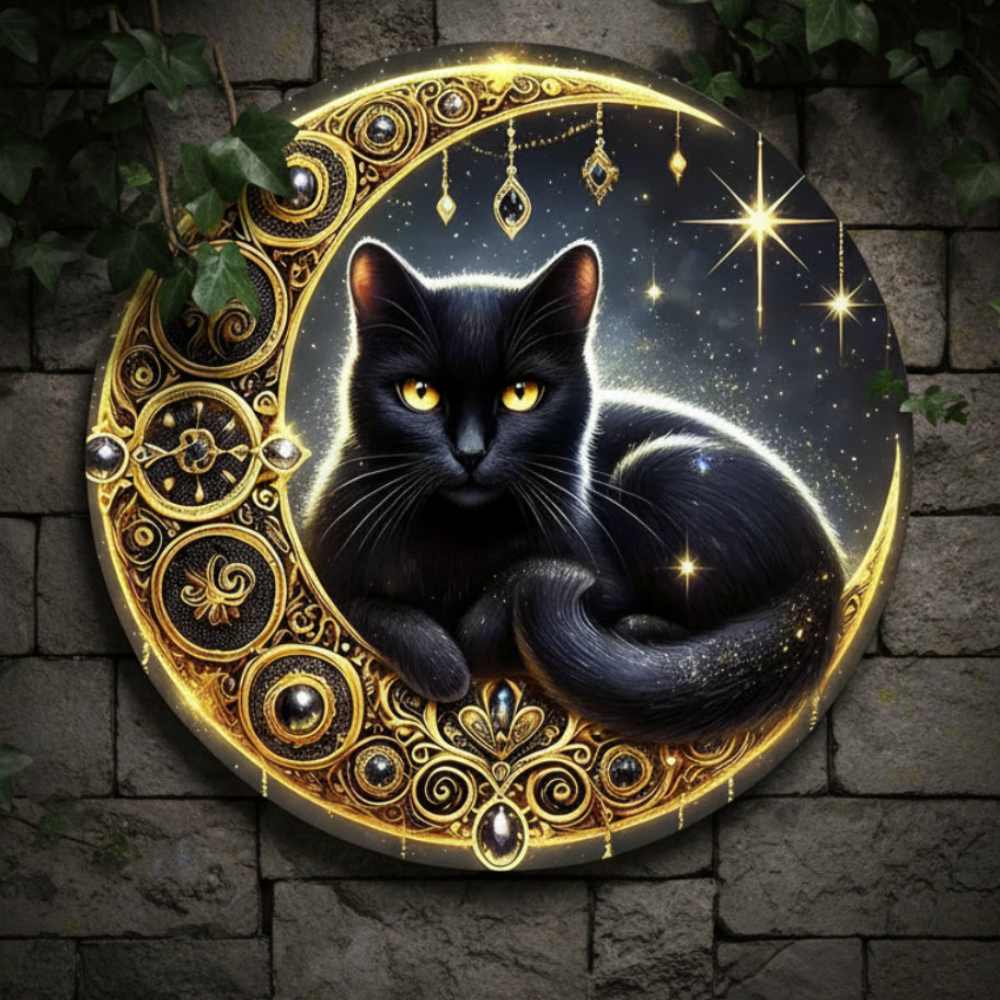 Vintage Black Cat on the Moon Wall Art Black Cat Metal Sign-MoonChildWorld
