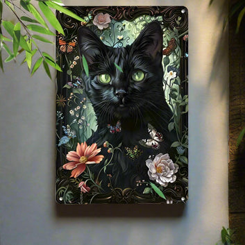 Vintage Black Cat with Green Eyes Wall Art Witchy Cat Metal Tin Sign-MoonChildWorld