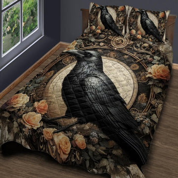 Vintage Black Raven Quilt Bedding Set Dark Crow Bedding Set-MoonChildWorld