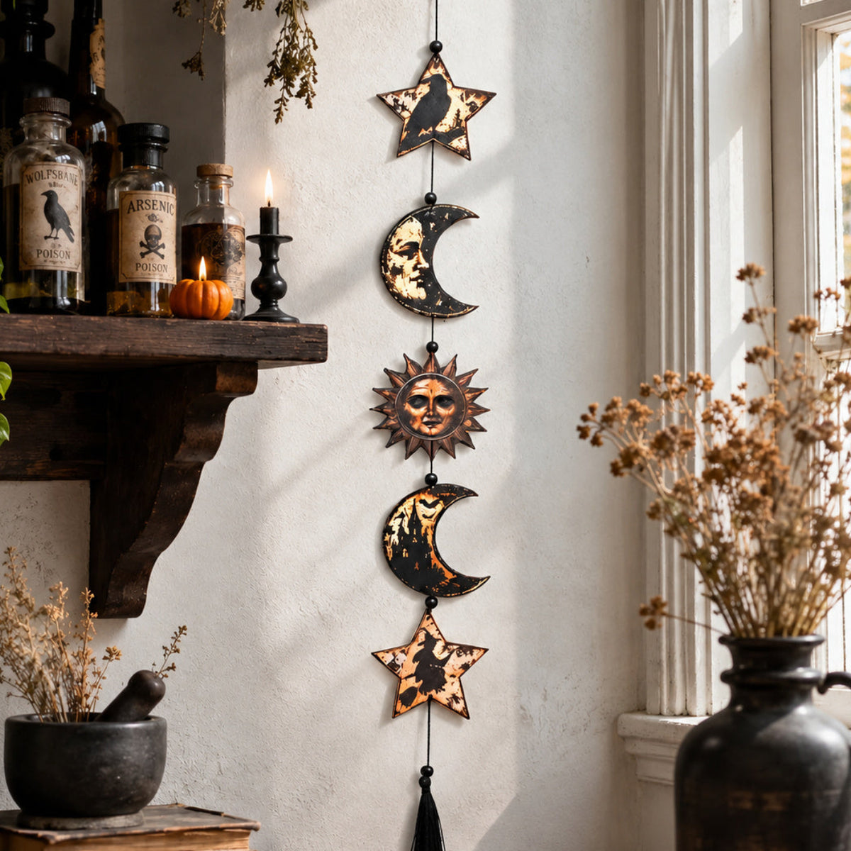 Vintage Halloween Hanging Wall Sign Spooky Gothic Pumpkin Bat Ghost Black Cat Tassel Garland Wall Art for Indoor Home Decoration-MoonChildWorld