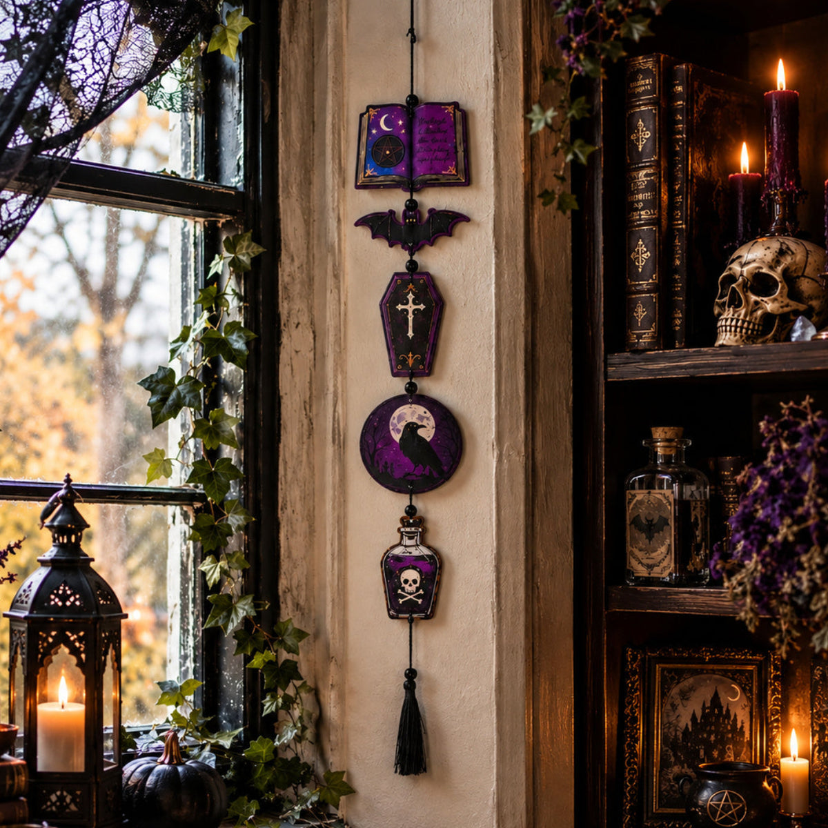 Halloween wall sign hanging on a door with tassels below