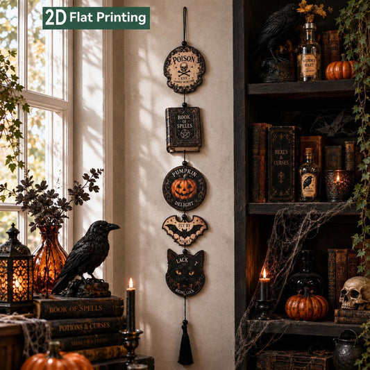 Vintage Halloween hanging wall sign with tassel garland