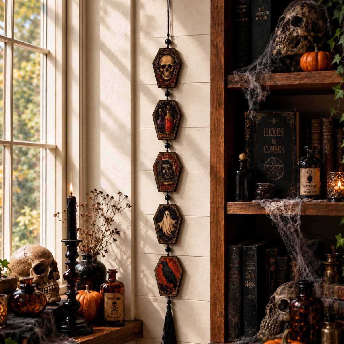 Ghost artwork on the hanging Halloween tassel garland sign