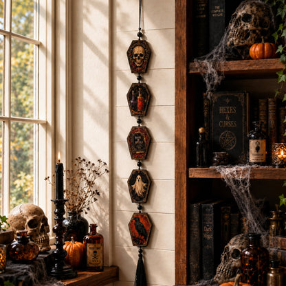 Ghost artwork on the hanging Halloween tassel garland sign
