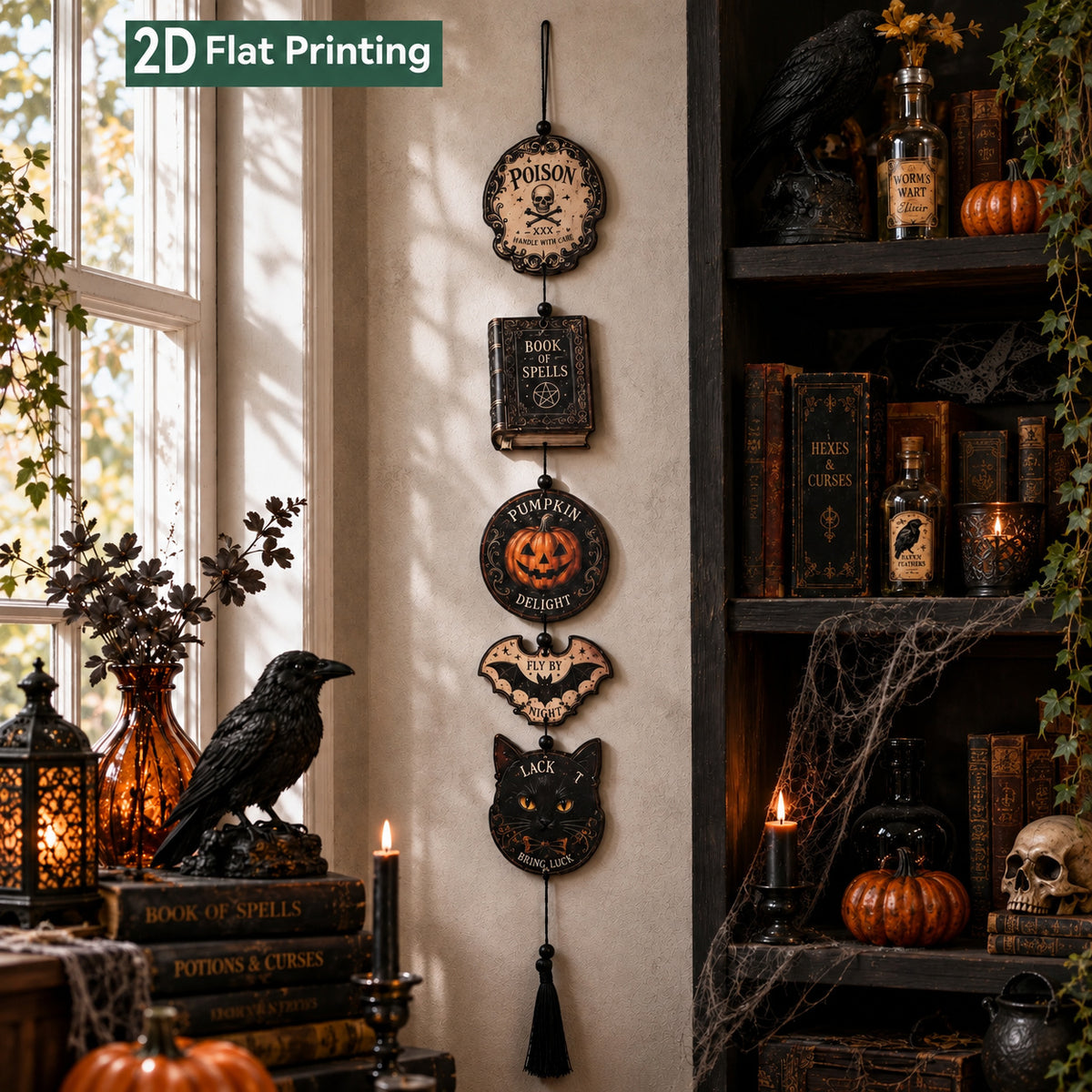 Vintage Halloween hanging wall sign with tassel garland