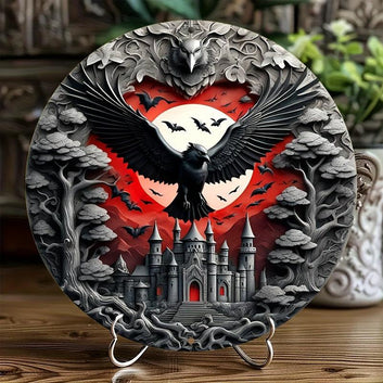 Vintage Halloween Vampire Raven and Bat Metal Sign Gothic Wall Sign-MoonChildWorld