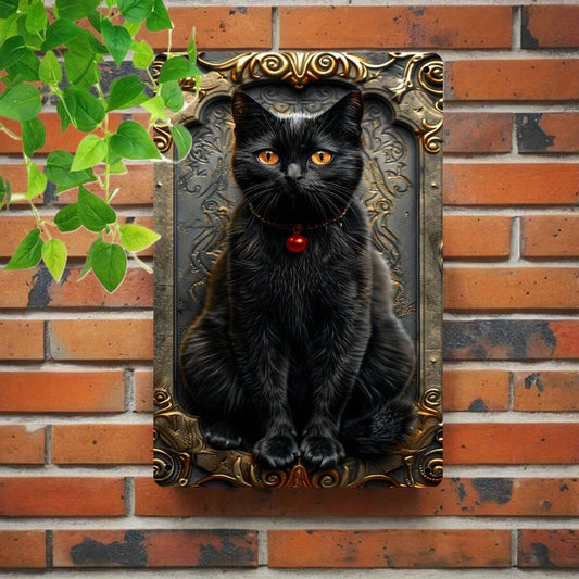 Vintage Metal Wall Hanging "Mysterious Black Cat" Sign Plaque - 8"x12" Multipurpose Decorative Tin Sign for Room, Bar, Man Cave, Restaurant & Cafe Wall Decor - Animal Theme, English Text-MoonChildWorld