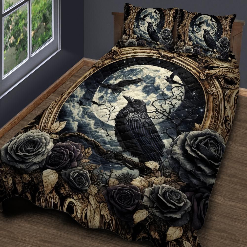 Vintage Moon Black Raven Quilt Bedding Set Dark Crow Gothic Bedding Set-MoonChildWorld