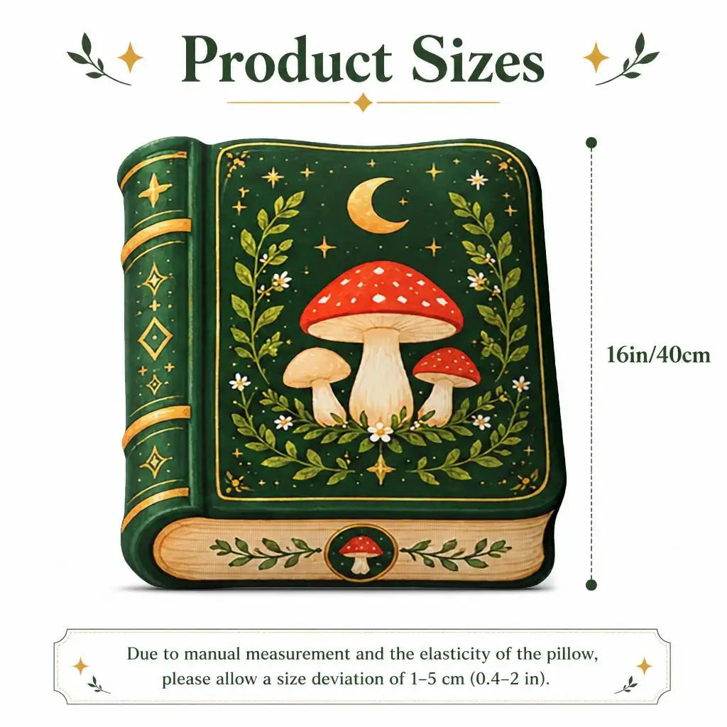 Size guide showing 16 inch / 40 cm: decorative plush pillow featuring vintage-style mushroom and moon book artwork