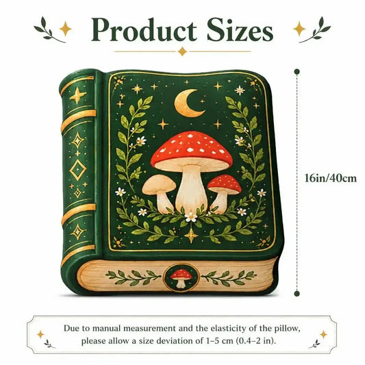 Size guide showing 16 inch / 40 cm: decorative plush pillow featuring vintage-style mushroom and moon book artwork