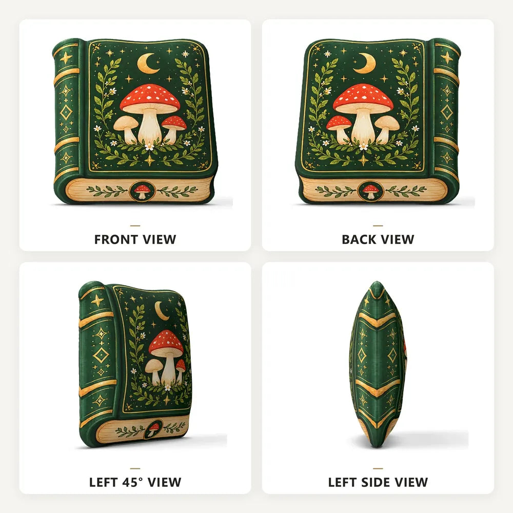 Front, back and side views: decorative plush pillow featuring vintage-style mushroom and moon book artwork