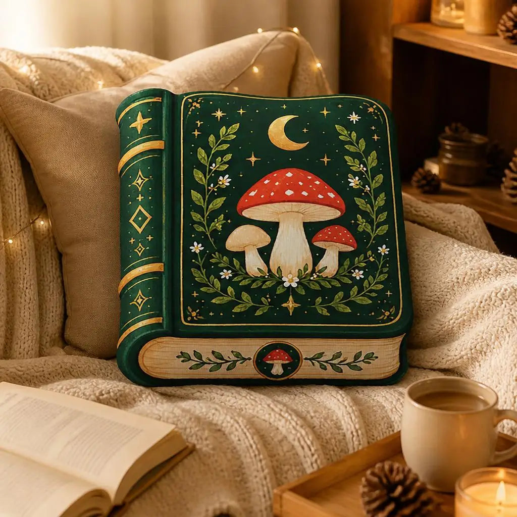 Styled room view: decorative plush pillow featuring vintage-style mushroom and moon book artwork